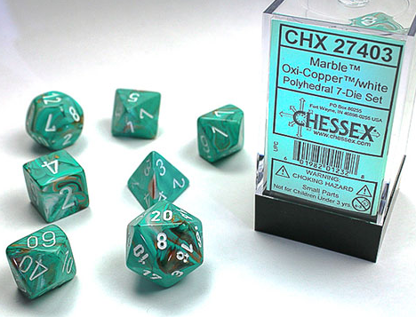 Chessex - Marble Polyhedral 7 Dice Set - Oxi-Copper & White