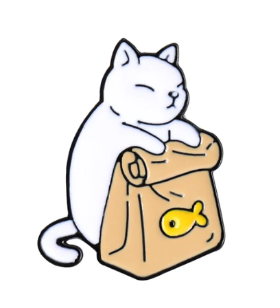 Cat With Fish Bag: White Cat Badge