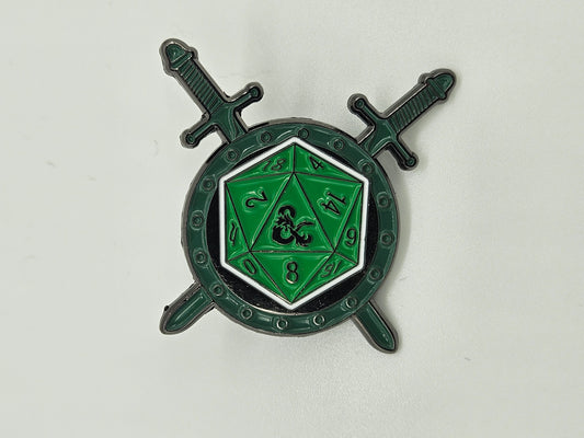 D&D Green D20 & Swords- Pin Badge